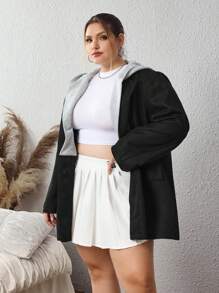 SHEIN CURVE+ Plus Size Retro Casual Hooded Blazer - Black - View 3