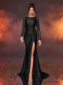 Glamrae Women's Elegant Luxurious Classic Blue Elastic Knit Fabric Spliced Sequins High Slit Flared Long Sleeve Fishtail Maxi Formal Evening Dress, Suitable For Banquet, Party And Important Occasions, Wedding Guest ,Gown Wedding Guest Dress - Elegant Floor Length Gown For Formal Occasion - Black - View 3