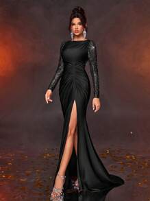 Glamrae Women's Elegant Luxurious Classic Blue Elastic Knit Fabric Spliced Sequins High Slit Flared Long Sleeve Fishtail Maxi Formal Evening Dress, Suitable For Banquet, Party And Important Occasions, Wedding Guest ,Gown Wedding Guest Dress - Elegant Floor Length Gown For Formal Occasion - Black - View 7