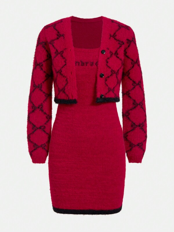 SHEIN Explorewe 2pcs/Set Teen Girls Plaid Print Button Front Long Sleeve Top And Letter Embroidery Color Block Cami Dress Sweater Outfit