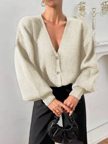 EURMUSE Women Rhinestone Flower Button Detailed Soft Touch Elegant Chick Cardigan - Cream - View 5