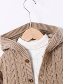 1 pezzo Cardigan con cappuccio rilassato, da ragazzi, in maglia a coste, tinta unita color cachi, adatto per viaggi, scuola, uso quotidiano, stagione autunno/inverno