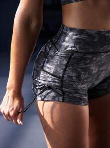 Powerista Allover Print Drawstring Waist Tight Fit Stretchy Waistline Summer Sports Shorts - Black - View 5