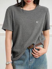 Dazy-Less 刺绣心形图案短袖休闲圆领T恤，女士商务休闲 - 灰色 - 查看 4