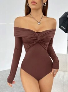 SHEIN EZwear บอดี้สูทสีน้ำตาลถักไหล่ปล่อย สำหรับผู้หญิง - สีน้ำตาล - ดู 5