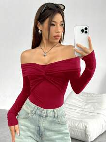 SHEIN EZwear 女式红色针织露肩紧身衣 - 紅色 - 查看 3