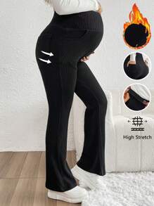 SHEIN 孕妇纯色高腰紧身裤，秋季休闲装 - 黑色 - 查看 2