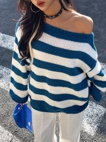 INAWLY Striped Loose Breathable Pullover Sweater Tops For Women - Blue and White - View 1