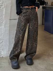 DAZY 女式宽松豹纹口袋细节阔腿牛仔裤冬季裤子猎豹印花 - 棕色 - 查看 5