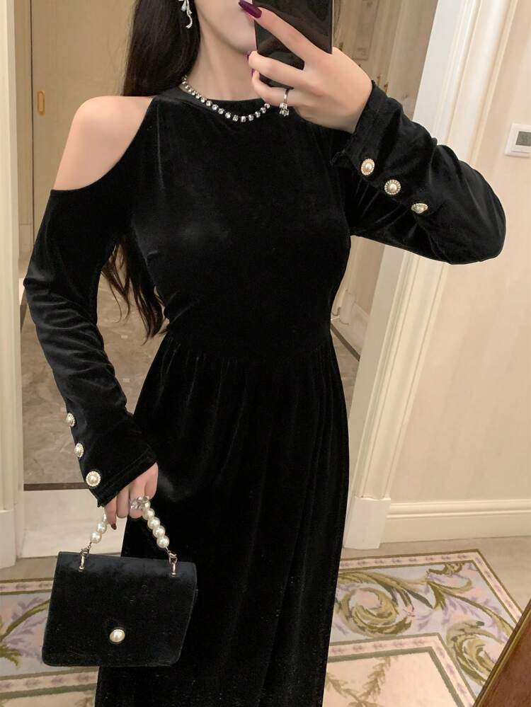 Round Neck Open Shoulder Women's Solid Color Hollow-Out Long Sleeve Midi Dress ,New Year Eve Prom Dress Elegant,Fall Clothes Luxury