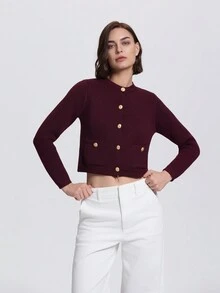 休闲前扣双口袋开衫，适合秋季 - 酒紅色 - 查看 6