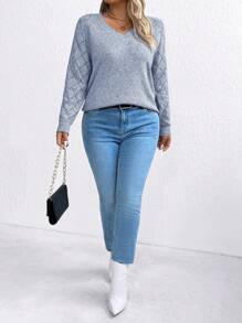 SHEIN LUNE 大码女式V领舒适长袖毛衣，针织套头衫，秋冬款