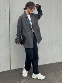 FRIFUL Blazer décontracté ample à rayures, simple et tendance, pour un port quotidien pour femmes - Gris - Voir 2