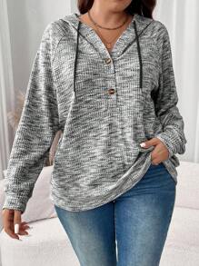 EMERY ROSE 大码女式连帽抽绳纽扣华夫格面料宽松休闲运动衫，秋冬季连帽衫，圣诞女装节日装