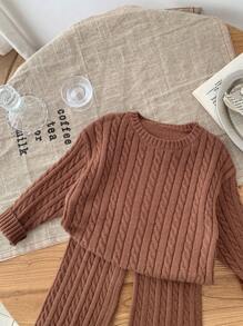 SHEIN LMoss Kids LMoss 秋冬 2 件套女婴可爱简约纯色长袖毛衣和松紧腰裤套装 - 卡其色 - 查看 4