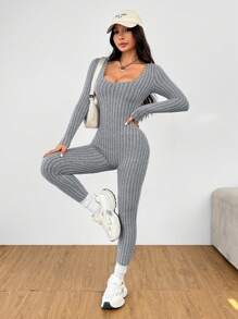 SHEIN PETITE Body de mujer de cuello redondo y manga larga de terciopelo, adecuado para otoño e invierno - Gris - Ver 8
