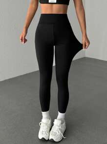 Muchica 女式高腰纯色口袋紧身裤，适合日常和健身 - 黑色 - 查看 5