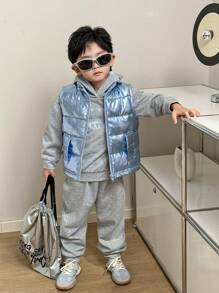 年轻男孩字母印花长袖连帽运动衫 + 无袖带口袋拉链背心 + 松紧腰裤 3 件套 - 彩色 - 查看 1