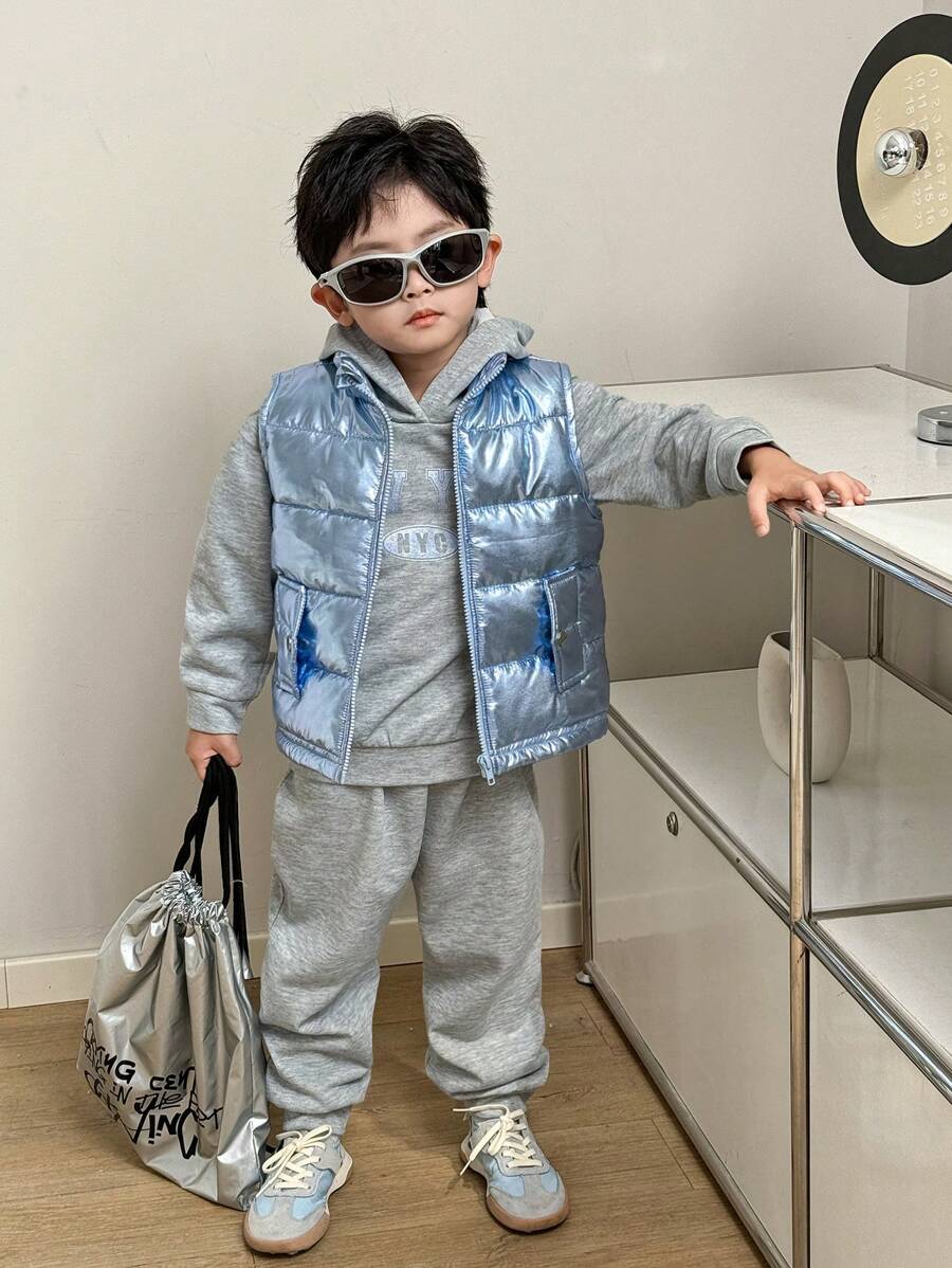 年轻男孩字母印花长袖连帽运动衫 + 无袖带口袋拉链背心 + 松紧腰裤 3 件套 - 彩色 - 查看 1