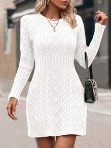 Chiquease 女士休闲针织毛衣裙，白色，简约时尚，适合日常穿着 - 白色 - 查看 5