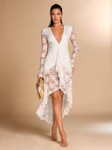 SHEIN BAE Damen Kleid mit tiefem V-Ausschnitt, geraffeter Taille, Rüschensaum, eleganter schlanker Passform, weiße Spitze - Weiss - Übersicht 4