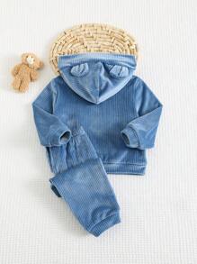 Cozy Pixies 2pcs/Set Baby Boy Cartoon Bear Ear Hoodie Sweatshirt And Jogger Pants Set - Blue - View 2