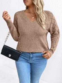 SHEIN LUNE Áo len dài tay cổ chữ V cỡ lớn, thoải mái, kiểu dáng thường ngày, thích hợp cho mùa thu đông. - Lạc đà - Xem 4