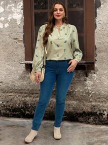 EMERY ROSE Plus Size Winter Women Floral Print V-Neck Elegant Long Sleeve Commuter Blouse - Green - View 6