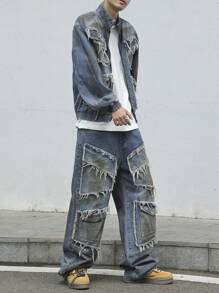 Manfinity EMRG 2pcs Men Casual Denim Zip Up Long Sleeve Top And Trouser Set