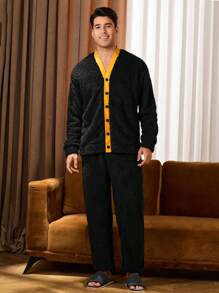 Men's Contrast Trim Button Front Shirt And Pants Lounge Pajama Set - Multicolor - View 4