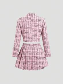 Sweetra 女士优雅格子短夹克和荷叶边下摆迷你裙 2 件套，秋季 - 粉色 - 查看 2