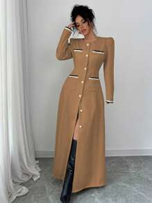 Elenzga 时尚仿珍珠饰边腰部收袖高端通勤夹克 - 棕色 - 查看 3