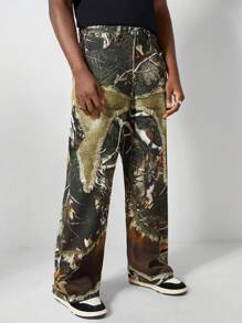 ROMWE MEN Street Life Men's Camouflage Withered Branch Camo Print Loose Wide-Leg Jeans - Black - View 3