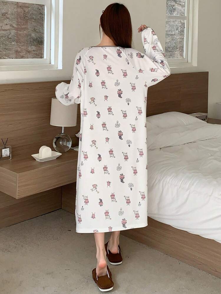Cute Rabbit Print Color Block Edge Design Nightgown Pajama