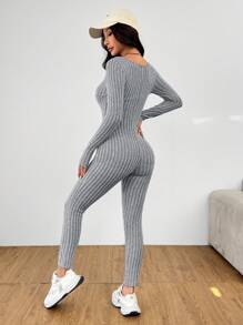 SHEIN PETITE Body de mujer de cuello redondo y manga larga de terciopelo, adecuado para otoño e invierno - Gris - Ver 2