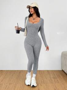 SHEIN PETITE Body de mujer de cuello redondo y manga larga de terciopelo, adecuado para otoño e invierno - Gris - Ver 4
