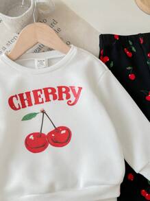 SHEIN Conjunto de sudadera de manga larga blanca con estampado de cerezas lindas y pantalones acampanados de cintura elástica para bebé niña, otoño/invierno - Blanco y Negro - Ver 3