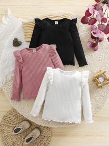 SHEIN Leap Crew 3pcs/Set Baby Girls Cute Knitted Waffle Top With Ruffle Trim Long Sleeve, Autumn/Winter - Multicolor - View 7