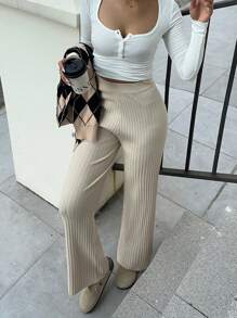 SHEIN EZwear Women's New Apricot Flare Leg Ribbed Knit Pants In Fall/Winter - Apricot - View 3