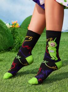 Teletubbies X SHEIN 4 Pairs Women Cartoon Character Pattern Color Block Long Socks Crew Socks,Reinforced Toe And Heel, Suitable For All Seasons, Unisex,Men,Women, Graphics Socks - Multicolor - View 9
