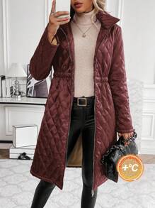 SHEIN Clasi Áo khoác nữ cổ đứng có khóa kéo thường ngày, đơn giản & thời trang, mùa đông - Màu Đỏ Sâu - Xem 7