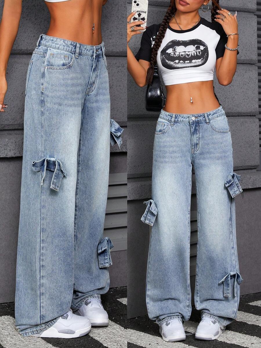 SHEIN ICON Women's Casual Denim Jeans, Y2K, Streetwear Style - Light Wash - View 1