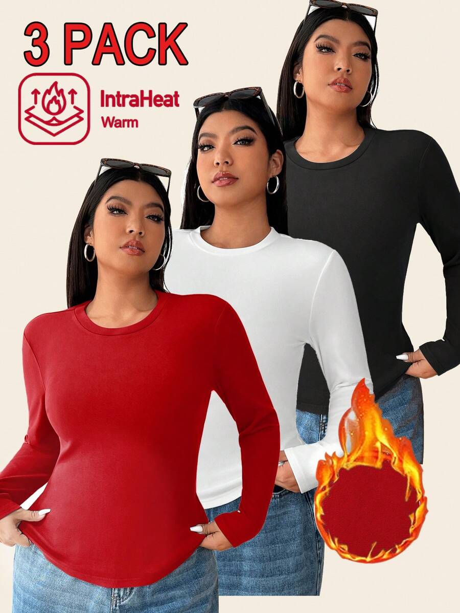 SHEIN EZwear 3pcs/Set Plus Size Thermal Lined Tight-Fitting Base Layer T-Shirts, Multi-Color Thermal - Multicolor - View 1