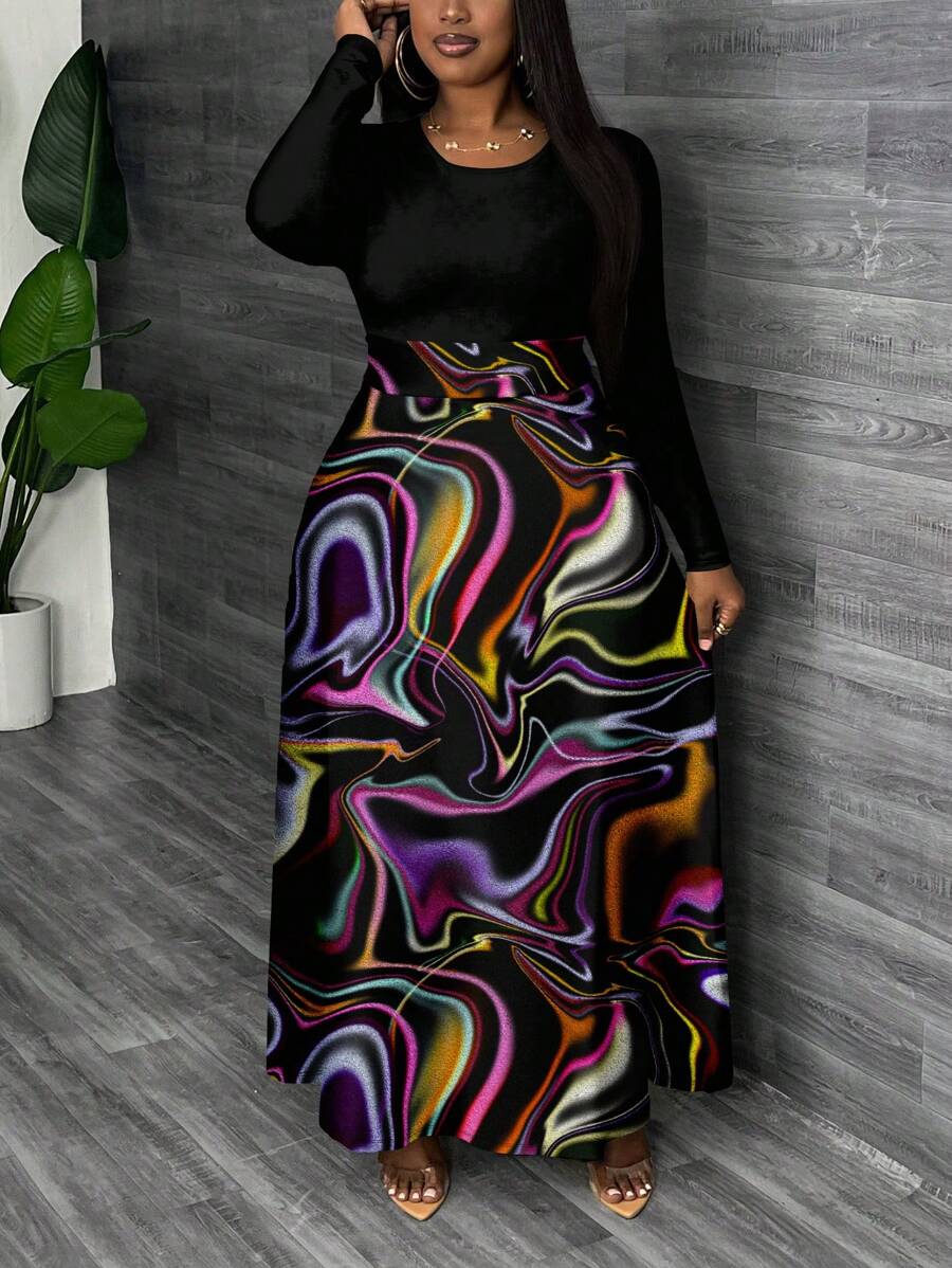 Slaydiva 大码女式休闲简约激光线印花长袖连衣裙，适合秋冬季 - 彩色 - 查看 1