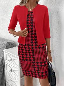SHEIN Clasi 2pcs Women's Black Short Sleeve Jacket Paired With Houndstooth Knee-Length Bodycon Dress, Elegant Office/Casual Outfit For Autumn/Winter/Spring