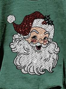 SHEIN LUNE Áo hoodie dài tay cổ tròn in họa tiết ông già Noel giản dị phong cách Giáng sinh rộng rãi, dày dặn cho nữ - Màu xanh lá cây đậm - Xem 3