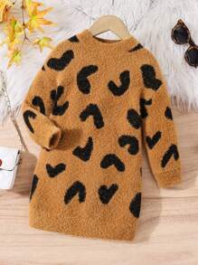 Young Girl And Young Girl Leopard Intarsia Crew Neck Mid-Length Sweater, Casual Autumn/Winter Outfit - Brown - View 1