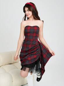 SHEIN Teen Girl Casual Bustier Plaid Contrast Mesh Overlay Christmas Party Mini Dress - Red - View 8