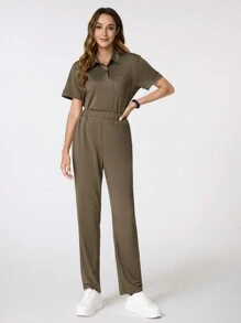 TaskEZ 纯色口袋短袖上衣和裤子护理手术服套装，护士 - 軍綠色 - 查看 3