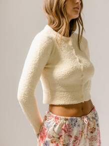 Aralina Cardigan de détente à manches longues avec boutons et devant court, à texture boucle - Jaune citron - Voir 5